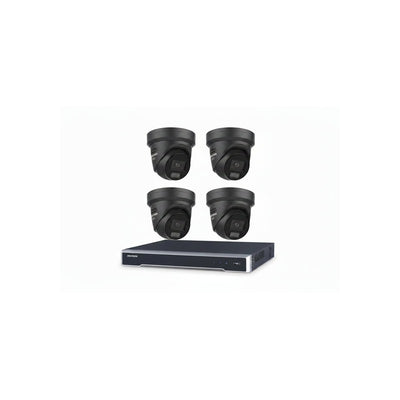 Hikvision 6MP 4ch CCTV Kit: 4x Black Liveguard Acusense Turret Cameras With Strobe, Audio, Smart Light + 4ch POE NVR