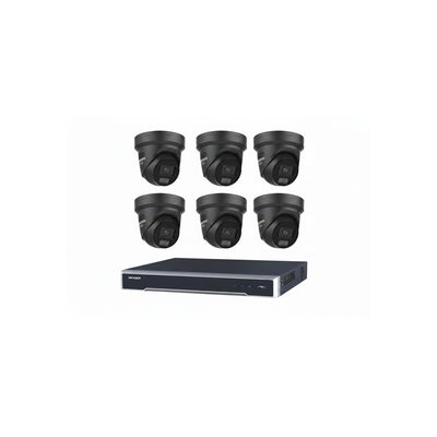 Hikvision 6MP 8ch CCTV Kit: 6x Black Liveguard Acusense Turret Cameras With Strobe, Audio, Smart Light + 8ch POE NVR 4tb