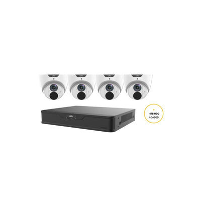 Uniview Easy CCTV Kit Includes 4 X 6MP White Easy Turret Camera 2.8mm (unvipc3616le-adf28km-g) 8 Channels Black NVR (unvnvr301-08b-p8-iq) Non Exp HDD With 4tb HDD Loaded