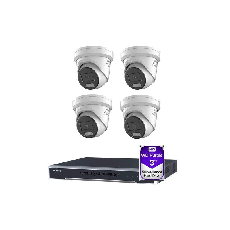 Hikvision 4MP Hikvision Colorvu CCTV Kit: 4 X Outdoor Colorvu Liveguard Turret Cameras With Acusense + 4ch NVR Kit
