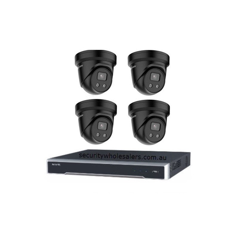 Hikvision 6MP 4ch CCTV Kit: 4 Black Outdoor Turret Cameras With Mic & Acusense + 4ch POE NVR Without HDD