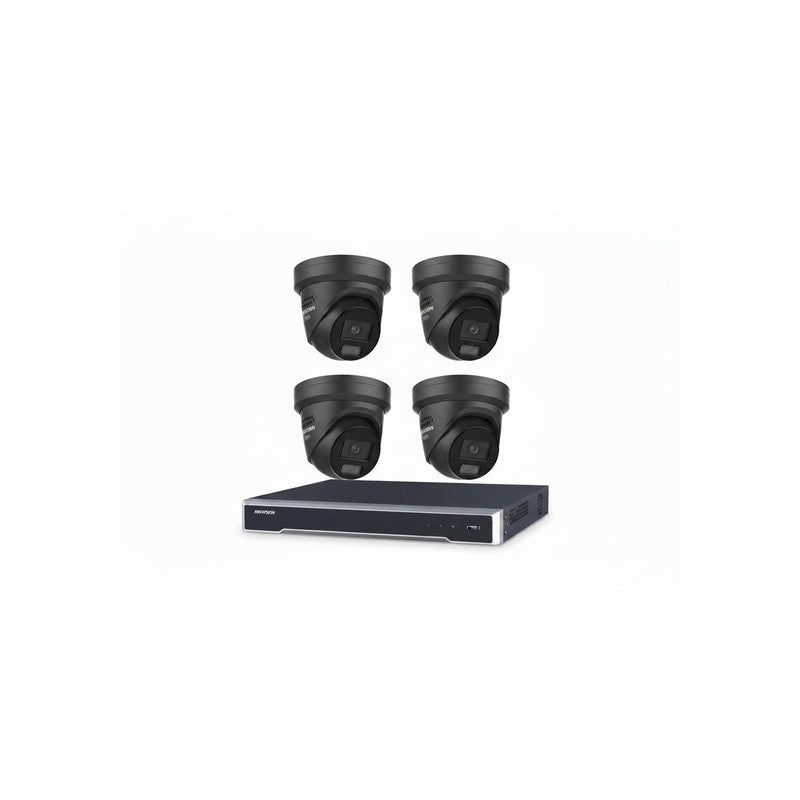 Hikvision 6MP 4ch CCTV Kit: 4x Black Liveguard Acusense Turret Cameras With Strobe, Audio, Smart Light + 4ch POE NVR