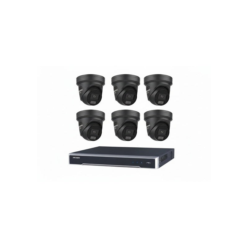 Hikvision 6MP 8ch CCTV Kit: 6x Black Liveguard Acusense Turret Cameras With Strobe, Audio, Smart Light + 8ch POE NVR 4tb