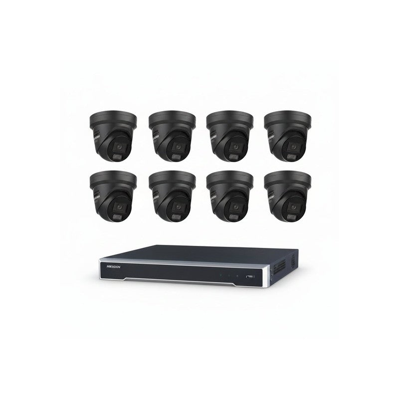 Hikvision 6MP 8ch CCTV Kit: 8x Black Liveguard Acusense Turret Cameras With Strobe, Audio, Smart Light + 8ch POE NVR 4tb