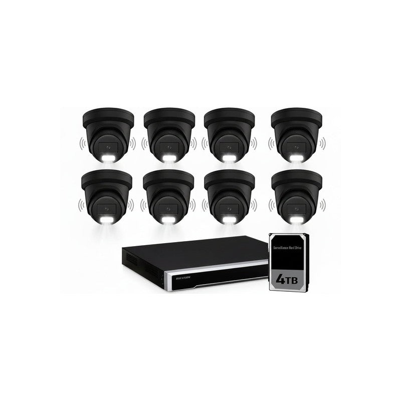 Hikvision 8MP Acusense 8 X Outdoor Turret With Strobe & Siren + 16ch NVR CCTV Kit Black 4tb