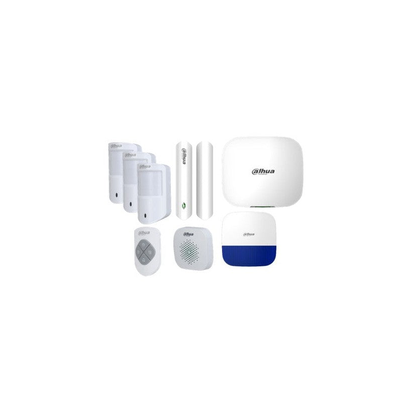 Dahua Airshield Wireless Alarm Kit Includes 1x White Wireless Hub2 Alarm Panel 3x White Wireless Pet Pirs 1x 4 Button Remotes White 1x White Door Reed 1x White Outdoor Siren With Blue Strobe 1x White Indoor Siren All Devices Come With Li-ion Batteries