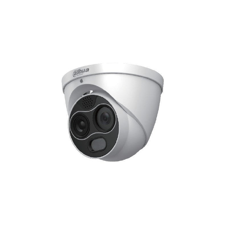 Eureka Series IP Camera White AI Thermal 256x192 Sensor 4MP H.264/5/ Mjpeg Turret With Dual Lens Digital Wdr Metal 2mm Fixed Lens IR 30m POE Ip67 Without Mic Audio In Audio Out 2 X Alarm In 2 X Alarm Out Support Up To 256gb SD 12vdc
