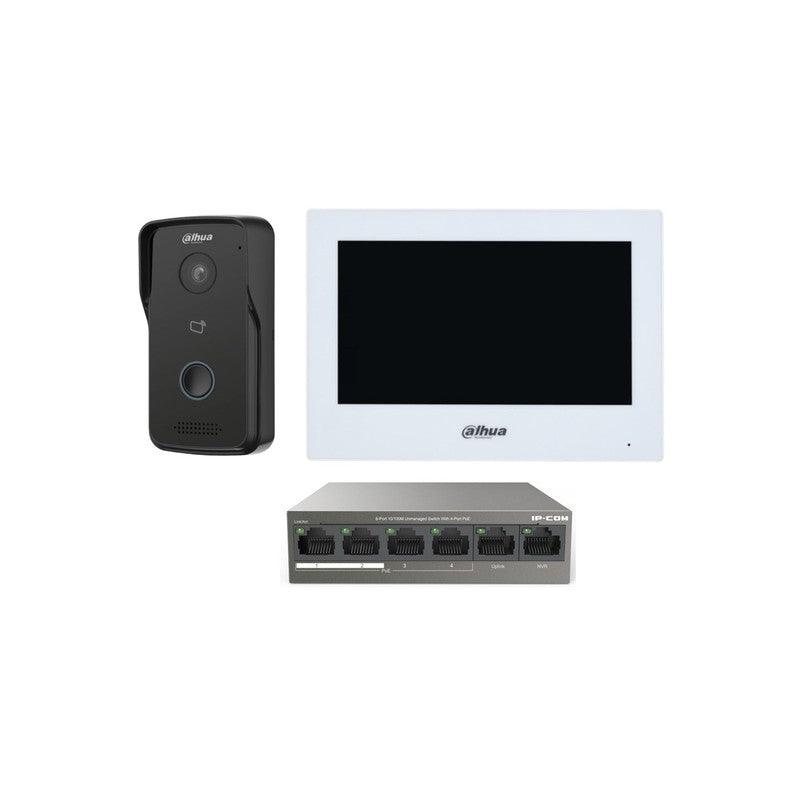 Dahua Resident IP Video Intercom Kit Includes 1 X 2MP 1 Button Video Door Station Black Plastic Surface Mounted 1 X 7" Cap Touch Screen Intercom Monitor White Plastic 1 X 48v POE Switch Support Smart Phone App