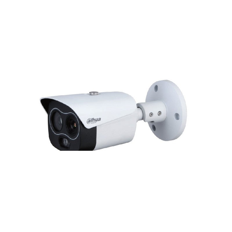 Eureka Series IP Camera White AI Thermal 256x192 Sensor 4MP H.264/5/ Mjpeg Bullet With Dual Lens Digital Wdr Metal 7 & 8mm Fixed Lens IR 30m POE Ip67 Without Mic Audio In Audio Out 1 X Alarm In 1 X Alarm Out Support Up To 256gb SD 12vdc