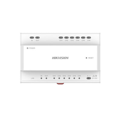 Hikvision Ds-kad706y-sp 2-wire IP Distributor With 6-port Cascade Interfaces, 1 Rj45 Port, 8 Interface Indicators & Din Rail Mounting