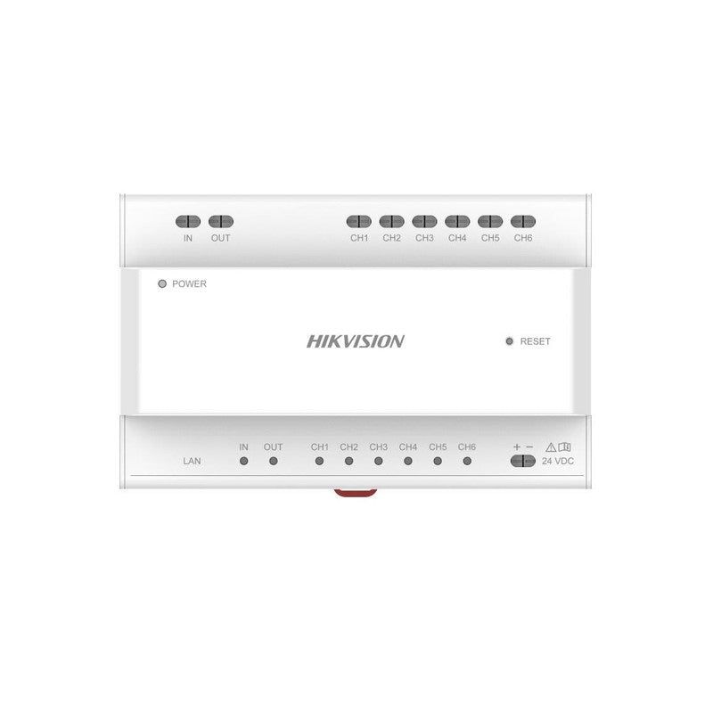 Hikvision Ds-kad706y-sp 2-wire IP Distributor With 6-port Cascade Interfaces, 1 Rj45 Port, 8 Interface Indicators & Din Rail Mounting