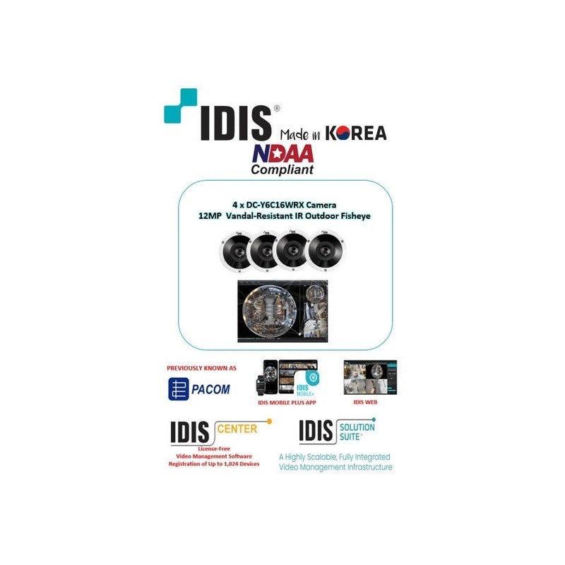Idis 12MP 4x Vandal-resistant IR Fisheye Camera Kit, Ndaa Compliant