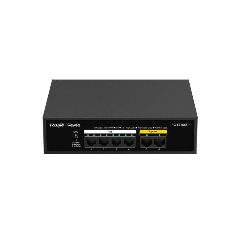 Ruijie Reyee 6-port Unmanaged POE Switch Rg-es106f-p With 4 Poe+ Ports, 54w POE Budget, 250m CCTV Transmission