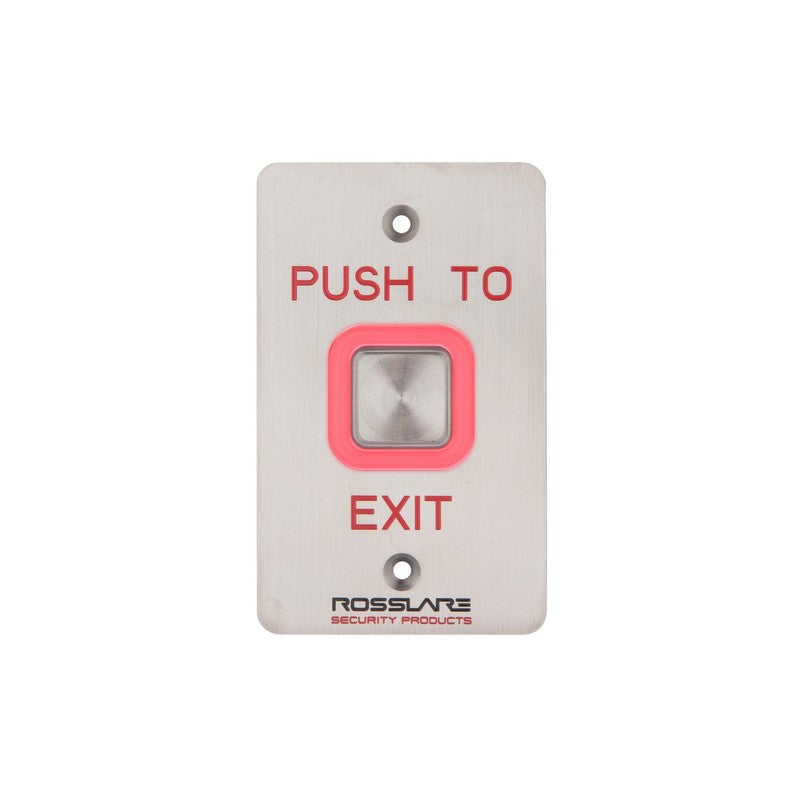 Rosslare Push Button Silver Illuminated Square Button On Flat Standard Stainless Steel Plate With "push To Exit" Engraved In Red Ip65 Single Pole/double Throw (sp/dt) 12-24vdc Momentary
