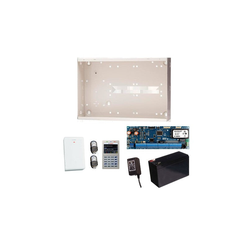 Bosch 6000 Hardwired Alarm Kit Includes 1x Solution 6000 Pcb With Prox Keypad 1x Mw350 Metal Enclosure 1x 12v7ah Battery 1x 18vac Power Supply 2x Premium 4 Button Remotes 1x Solution 6000 Radion Receiver No Pir