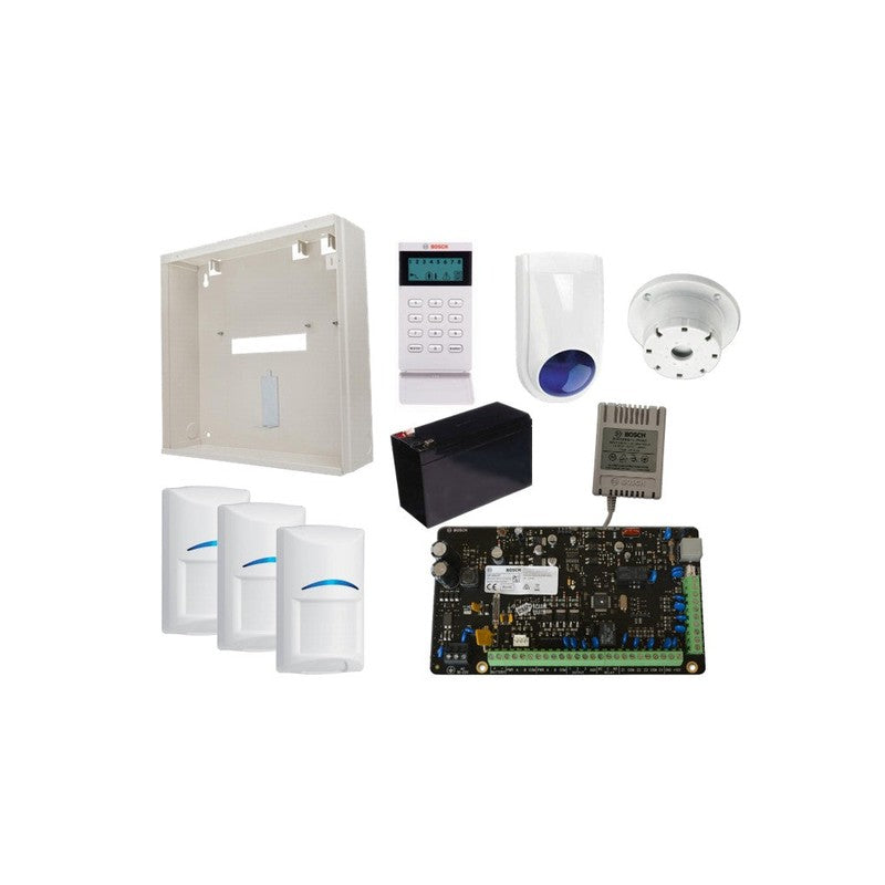 Bosch 3000 Hardwired Alarm Kit Includes 1x Solution 3000 Pcb 1x Icon Keypad 3x Blue Line Tritech Pet Pirs 1x Mw250 Metal Enclosure 1x 12v7ah Battery 1x 18vac Power Supply 1x Slimline Strobe/siren 1x Surface Mounted Piezo