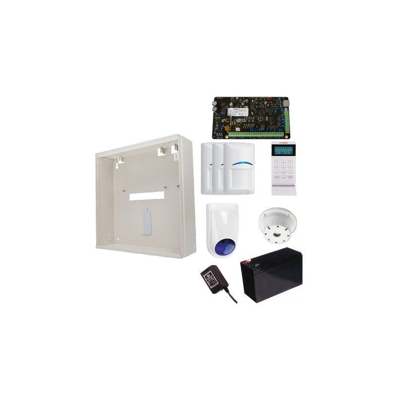 Bosch 3000 Hardwired Alarm Kit Includes 1x Solution 3000 Pcb 1x Icon Keypad 3x Blue Line Quad Pirs 1x Mw250 Metal Enclosure 1x 12v7ah Battery 1x 18vac Power Supply 1x Slimline Strobe/siren 1x Surface Mounted Piezo