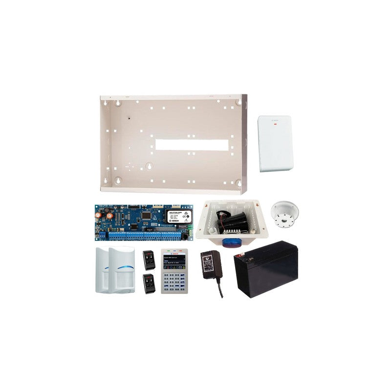 Bosch 6000 Hardwired Alarm Kit Includes 1x Solution 6000 Pcb With Wifi Keypad 2x Wireless Pet Pirs 1x Mw350 Metal Enclosure 1x 12v7ah Battery 1x 18vac Power Supply 2x Deluxe 4 Button Remotes 1x Solution 6000 Radion Receiver 1x Strobe/siren/piezo