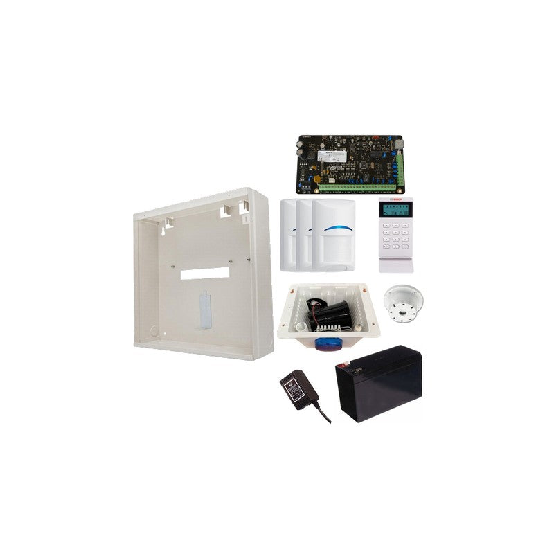 Bosch 3000 Hardwired Alarm Kit Includes 1x Solution 3000 Pcb 1x Icon Keypad 3x Blue Line Quad Pirs 1x Mw250 Metal Enclosure 1x 12v7ah Battery 1x 18vac Power Supply 1x Strobe/siren/piezo