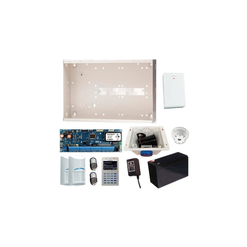 Bosch 6000 Hardwired Alarm Kit Includes 1x Solution 6000 Pcb With Prox Keypad 2x Wireless Pet Pirs 1x Mw350 Metal Enclosure 1x 12v7ah Battery 1x 18vac Power Supply 2x Premium 4 Button Remotes 1x Solution 6000 Radion Receiver 1x Strobe/siren/piezo