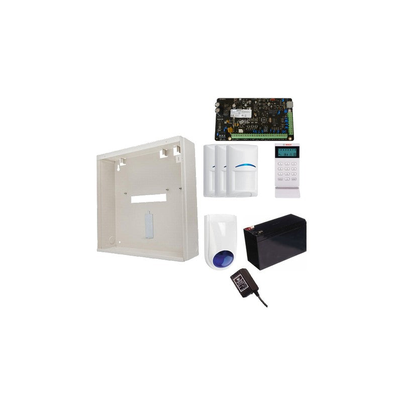 Bosch 3000 Hardwired Alarm Kit Includes 1x Solution 3000 Pcb 1x Icon Keypad 3x Blue Line Tritech Pet Pirs 1x Mw250 Metal Enclosure 1x 12v7ah Battery 1x 18vac Power Supply 1x Slimline Strobe/siren