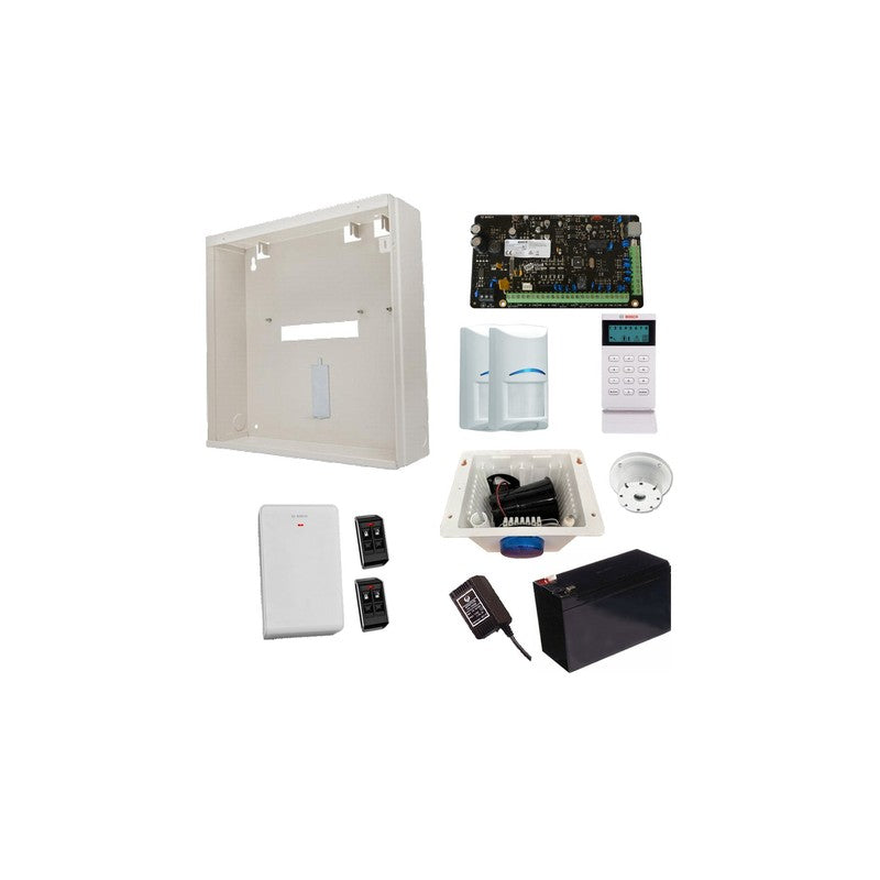Bosch 3000 Hardwired Alarm Kit Includes 1x Solution 3000 Pcb 1x Icon Keypad 2x Wireless Pet Pirs 1x Mw250 Metal Enclosure 1x 12v7ah Battery 1x 18vac Power Supply 2x Deluxe 4 Button Remotes 1x Solution 2000/3000 Receiver 1x Strobe/siren/piezo