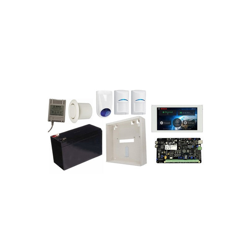 Bosch 2000 H/wired Alm Kit Inc 1x Sol 2000 Pcb 1x 5" T/screen 1x Mw250 Metal Enc 1x 12v7ah Batt 1x 18vac P/s 1x Slimline Strobe/siren 1x Flush Piezo, 2x Blueline Pir