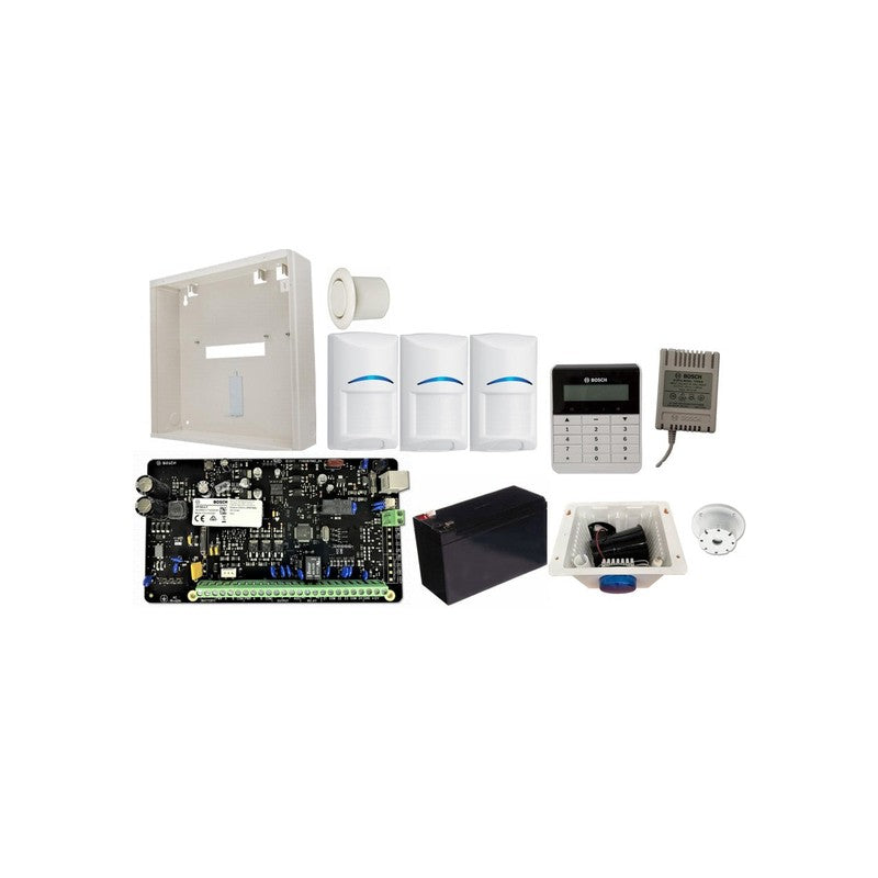 Bosch Sol 2000 H/wired Alarm Kit Inc LCD K/p.ad 3x Blu Line Pirs Mw250 Enc Batt P/s Strobe/siren/piezo