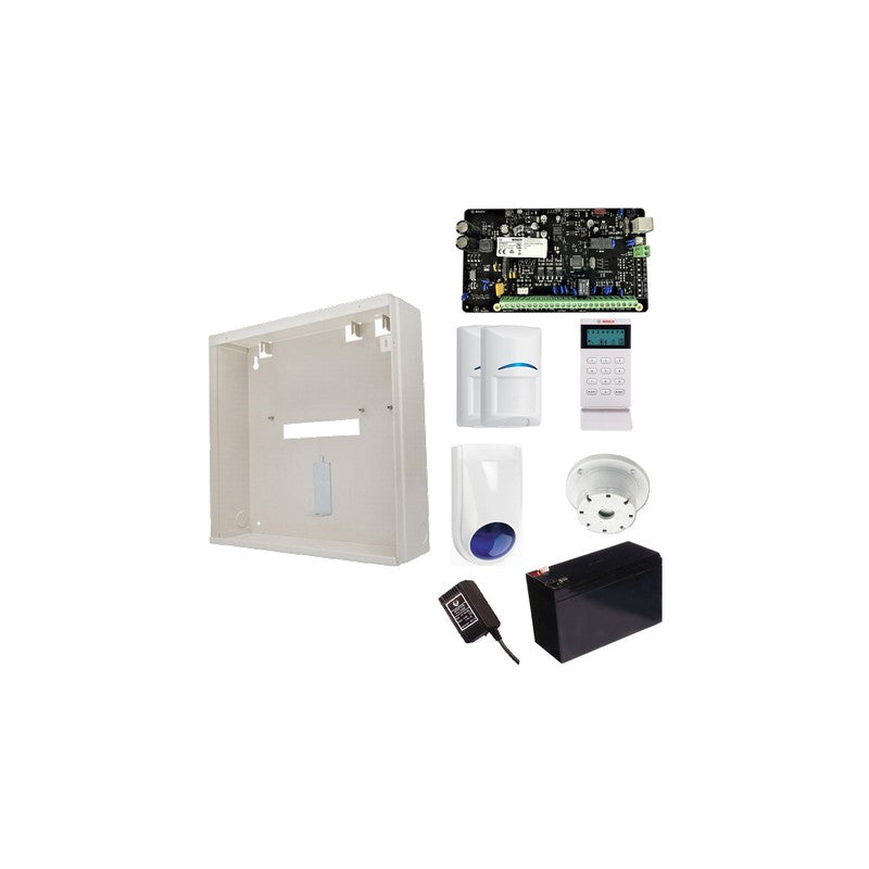 Bosch 2000 Hardwired Alarm Kit Includes 1x Solution 2000 Pcb 1x Icon Keypad 2x Blue Line Tritech Pet Pirs 1x Mw250 Metal Enclosure 1x 12v7ah Battery 1x 18vac Power Supply 1x Slimline Strobe/siren 1x Surface Mounted Piezo