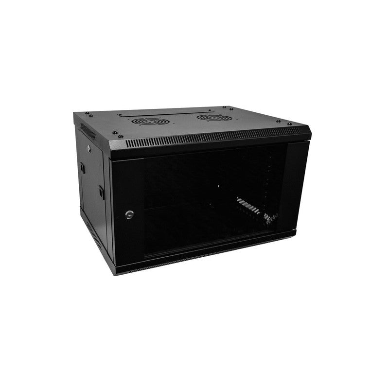 Global Racking Solutions Global 19" Wall Mounted Rack With Swing Door 6ru With Tempered Glass Door Metal Powder Coated Black Upto 45kg 600wx368hx450d (mm)