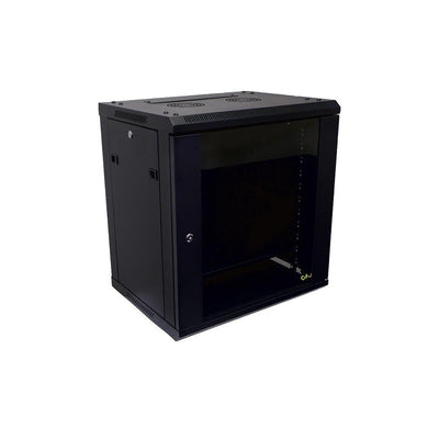Global Racking Solutions Global 19" Wall Mounted Rack With Swing Door 12ru With Tempered Glass Door Metal Powder Coated Black Upto 45kg 600wx635hx450d (mm)