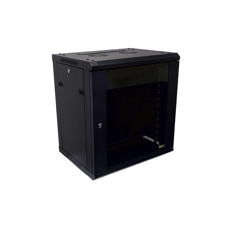 Global Racking Solutions Global 19" Wall Mounted Rack With Swing Door 12ru With Tempered Glass Door Metal Powder Coated Black Upto 45kg 600wx635hx450d (mm)