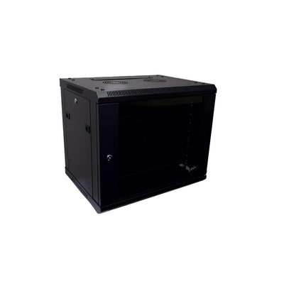 Global Racking Solutions Global 19" Wall Mounted Rack With Swing Door 9ru With Tempered Glass Door Metal Powder Coated Black Upto 45kg 600wx501hx600d (mm)