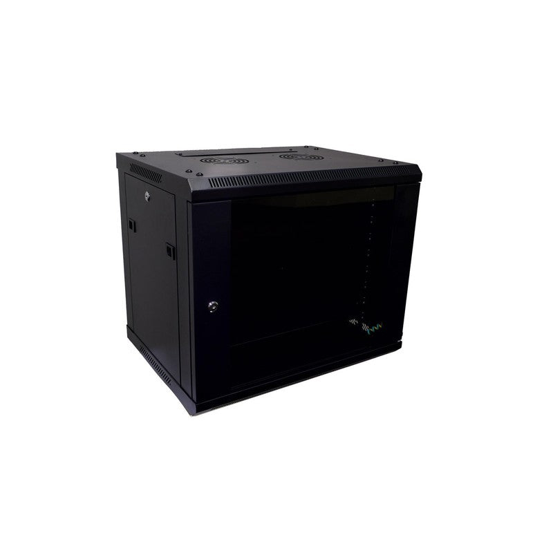 Global Racking Solutions Global 19" Wall Mounted Rack With Swing Door 9ru With Tempered Glass Door Metal Powder Coated Black Upto 45kg 600wx501hx450d (mm)