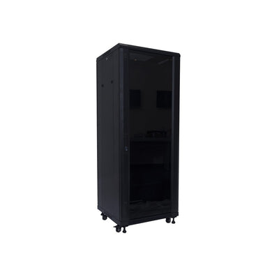 Global Racking Solutions Global 19" Free Standing Rack 42ru With Tempered Glass Door Metal Powder Coated Black Upto 500kg 600wx2055hx1000d (mm) With Casters