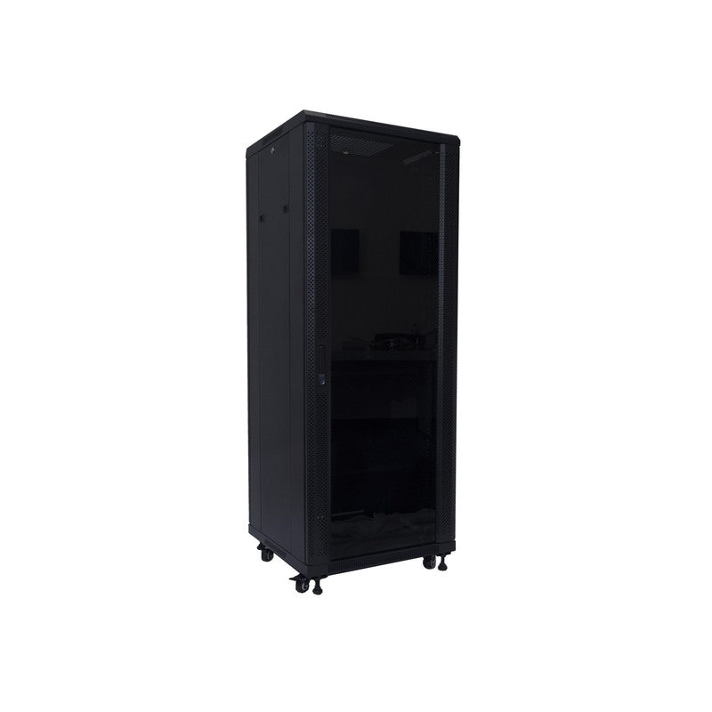 Global Racking Solutions Global 19" Free Standing Rack 42ru With Tempered Glass Door Metal Powder Coated Black Upto 500kg 600wx2055hx600d (mm) With Casters
