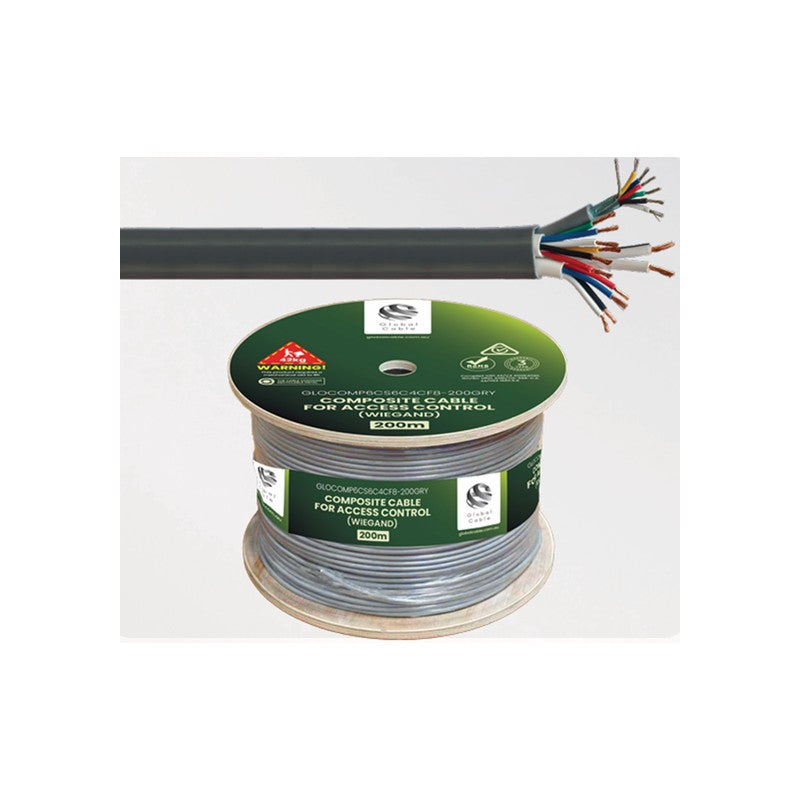Global Racking Solutions Global Composite Cable For Access Control Systems Wiegand Readers Include 1x Data 6cores 7/0.20 Shielded, 1x Security 6cores 14/0.20, 1x Security 4cores 14/0.20, 1x Figure8 24/0.20 All In One Pvc Sheath 200m Reel Grey