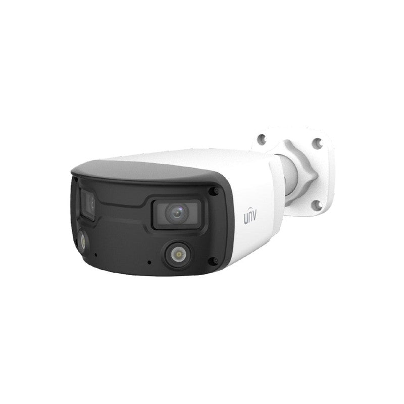 Uniview Prime-iii Series IP Camera White AI 2x4mp H.264/5/5+/ Mjpeg Bullet With Dual Lens Digital Wdr Metal 4mm Fixed Lens Color Hunter White LED 30m POE Ip67 Built In Mic Audio In Audio Out 1 X Alarm In 1 X Alarm Out Support Up To 256gb SD Ik10 12vdc
