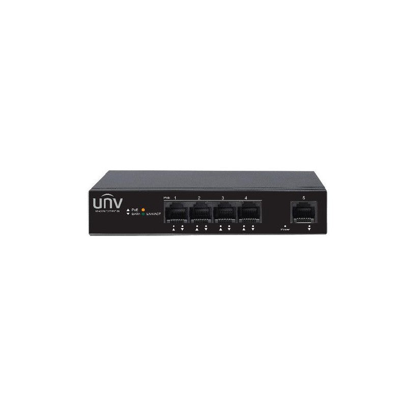 Uniview 4port ( 5p) Gigabit Switch 60w POE Total Capacity 4x Poe+ 1x1g Uplink L2 Unmanaged Black 240vac