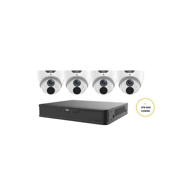 Uniview Easy CCTV Kit Includes 4 X 6MP White Easy Turret Camera 2.8mm (unvipc3616le-adf28km-g) 8 Channels Black NVR (unvnvr301-08b-p8-iq) Non Exp HDD With 4tb HDD Loaded