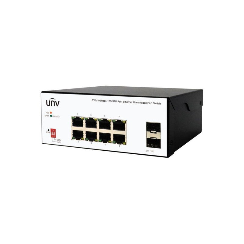 Uniview Harsh 8port Switch 120w POE Total Capacity 8x Poe+ Plus 2x 1g Sfp/ Fibre Port L2 Unmanaged Black 48-57vdc Cctv/ Vlan Option