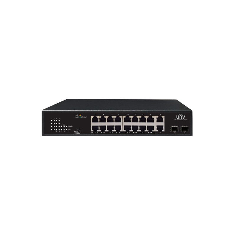 Uniview 16port ( 18p) Gigabit Switch 185w POE Total Capacity 16x Poe+ Plus 2x 1g Sfp/ Fibre Port 2x1g Uplink L2 Unmanaged Black 240vac