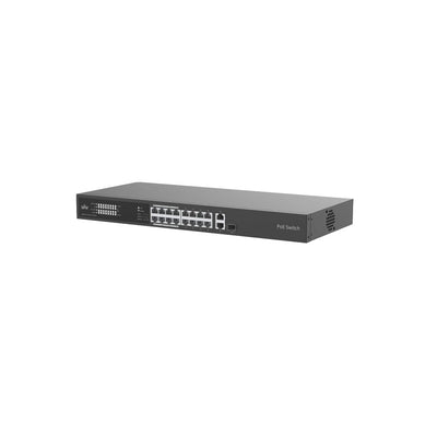 Uniview 16port ( 17p) Gigabit Switch 250w POE Total Capacity 16x Poe+ Plus 1x Sfp(1g) 1x Uplink(1g) Combo L2 Unmanaged Black 50-56vdc/ Poe++