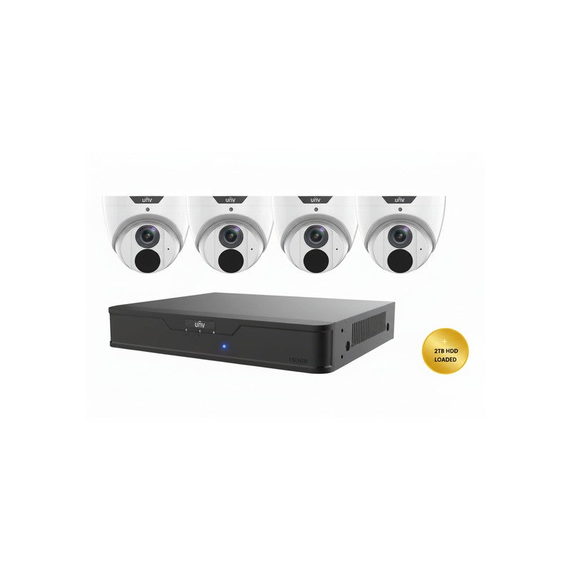 Uniview Easy CCTV Kit Includes 4 X 6MP White Easy Turret Camera 2.8mm (unvipc3616le-adf28km-g) 4 Channels Black NVR (unvnvr301-04b-p4-iq) Non Exp HDD With 2tb HDD Loaded