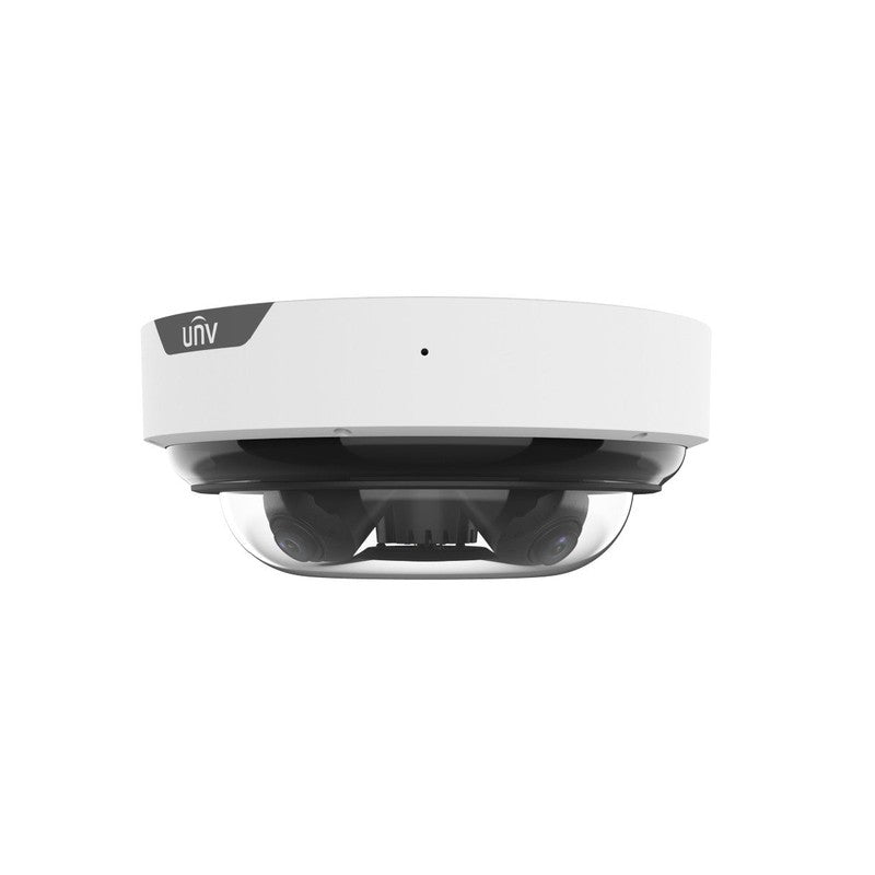 Uniview Pro Series IP Camera White AI 360° Panoramic 4x5mp H.264/5/5+/ Mjpeg Dome 130 Wdr Metal 2.7-13.5mm Motorised Lens 5x Zoom Light Hunter IR 50m POE Ip67 Built In Mic Audio In Audio Out 3 X Alarm In 2 X Alarm Out Support Up To 512gb SD Ik10 24vdc/ac