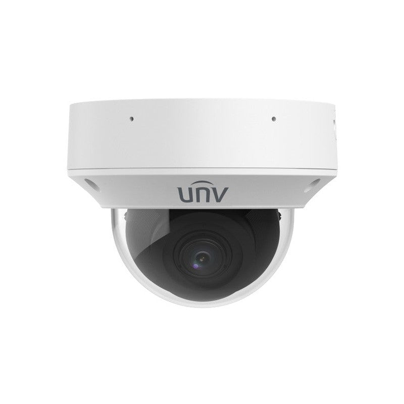 Uniview Pro Series IP Camera White AI People Count 8mp/4k H.264/5/5+/ Mjpeg Dome 140 True Wdr Metal 2.8-12mm Motorised Lens 4x Zoom Light Hunter IR 40m Poe+ Ip67 Built In Mic Audio In Audio Out 3 X Alarm In 2 X Alarm Out Support Up To 512gb SD Ik10 12vdc