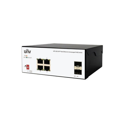 Uniview Harsh 4port Switch 65w POE Total Capacity 4x Poe+ Plus 2x 1g Sfp/ Fibre Port L2 Unmanaged Black 48-57vdc Cctv/ Vlan Option