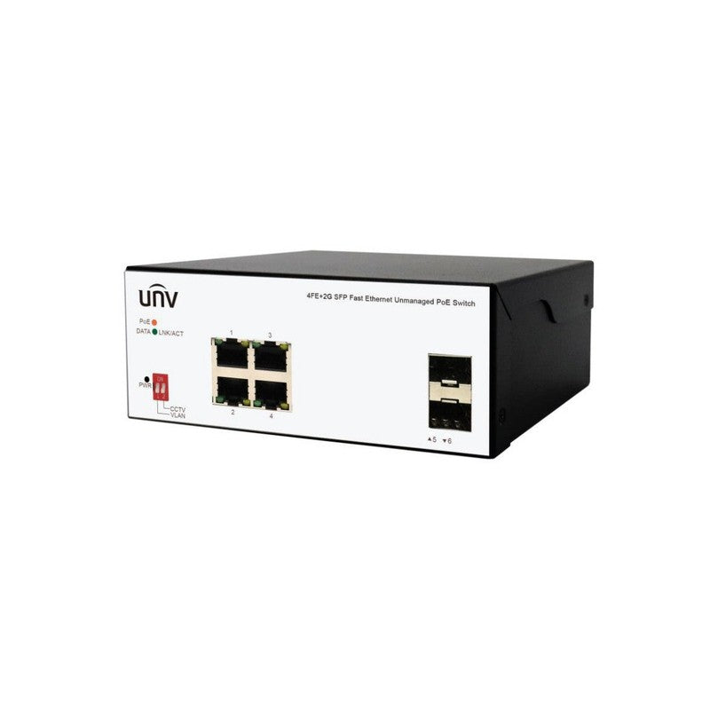 Uniview Harsh 4port Switch 65w POE Total Capacity 4x Poe+ Plus 2x 1g Sfp/ Fibre Port L2 Unmanaged Black 48-57vdc Cctv/ Vlan Option