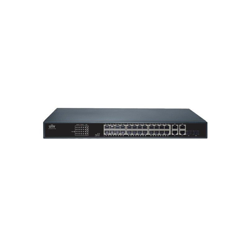 Uniview 24port ( 26p) Gigabit Switch 370w POE Total Capacity 24x Poe+ Plus 2x 1g Sfp/ Fibre Port 2x1g Uplink Combo L2 Unmanaged Black 240vac